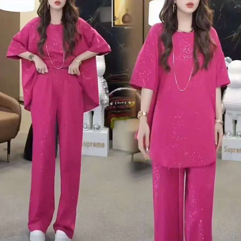 Women's Sequined Slimming Round Neck High Waist Wide Leg Pants Two-piece Set