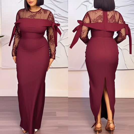 Round Neck Sexy Lace Stitching See-through Sheath Split Dress