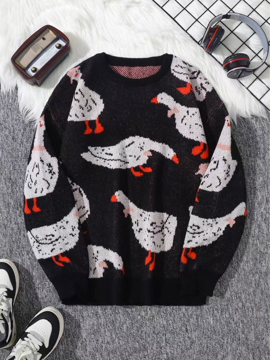 Men's Loose Casual Round Neck Printed Knitted Sweater