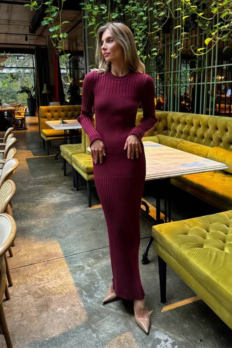 Autumn And Winter Women's Knitted Round Neck Sunken Stripe Pure Color Tight Dress