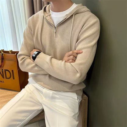 Solid Color Men's Half Zipper Hooded Sweater