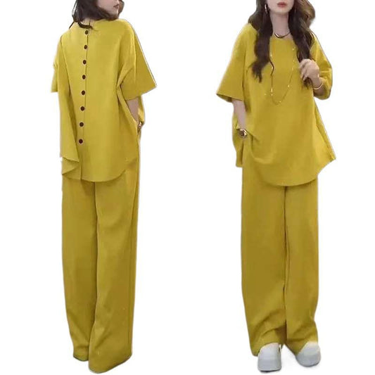 Women's Sequined Slimming Round Neck High Waist Wide Leg Pants Two-piece Set