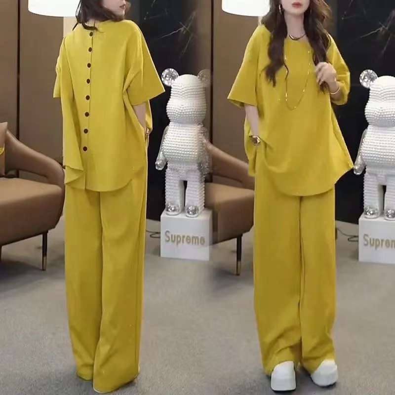 Women's Sequined Slimming Round Neck High Waist Wide Leg Pants Two-piece Set