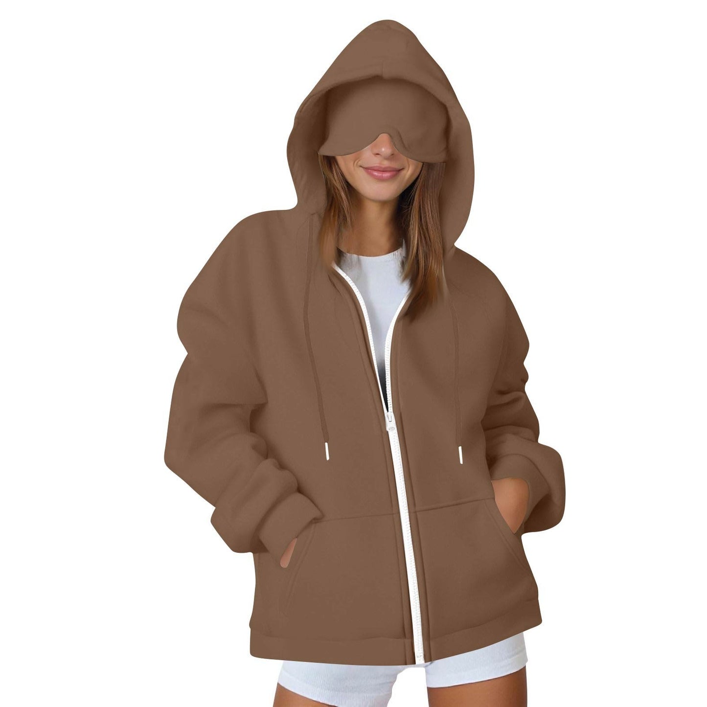 European And American Solid Color Women's Autumn And Winter Hooded Cardigan Zipper Sweater With Eye Mask