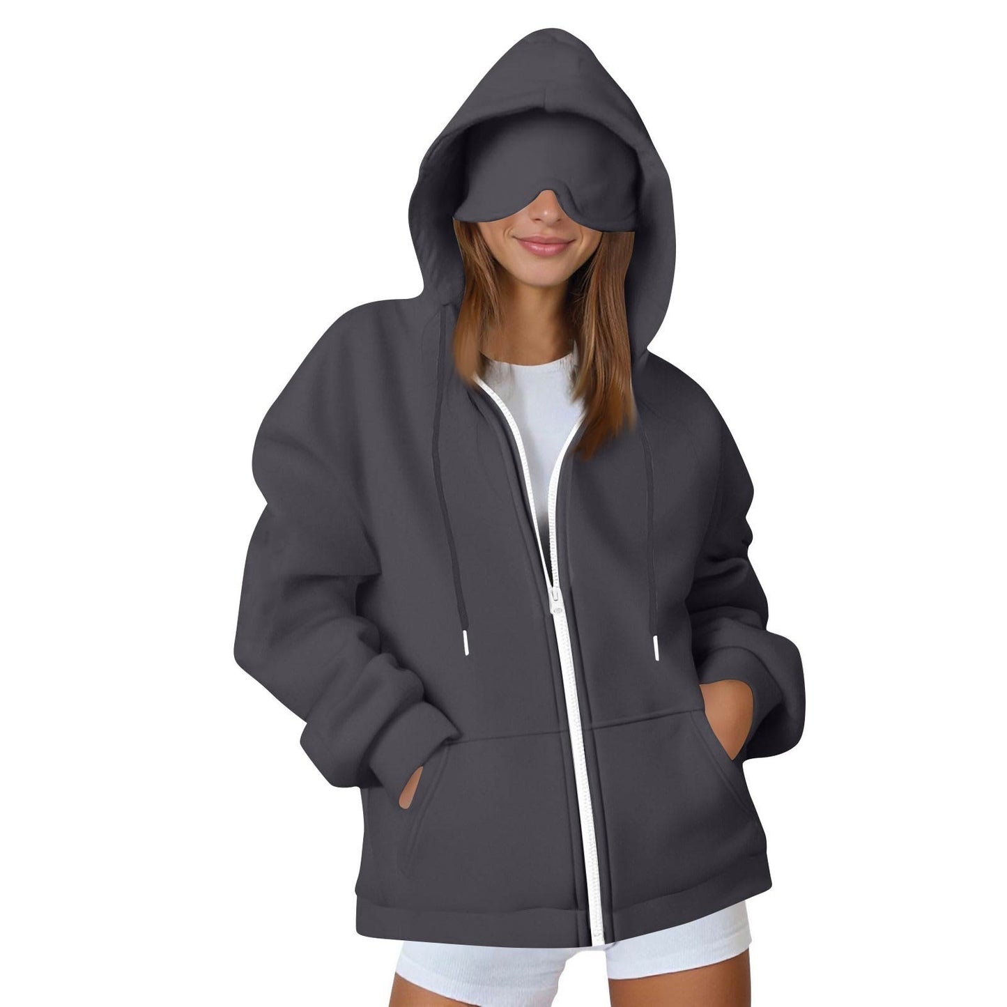 European And American Solid Color Women's Autumn And Winter Hooded Cardigan Zipper Sweater With Eye Mask