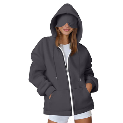 European And American Solid Color Women's Autumn And Winter Hooded Cardigan Zipper Sweater With Eye Mask
