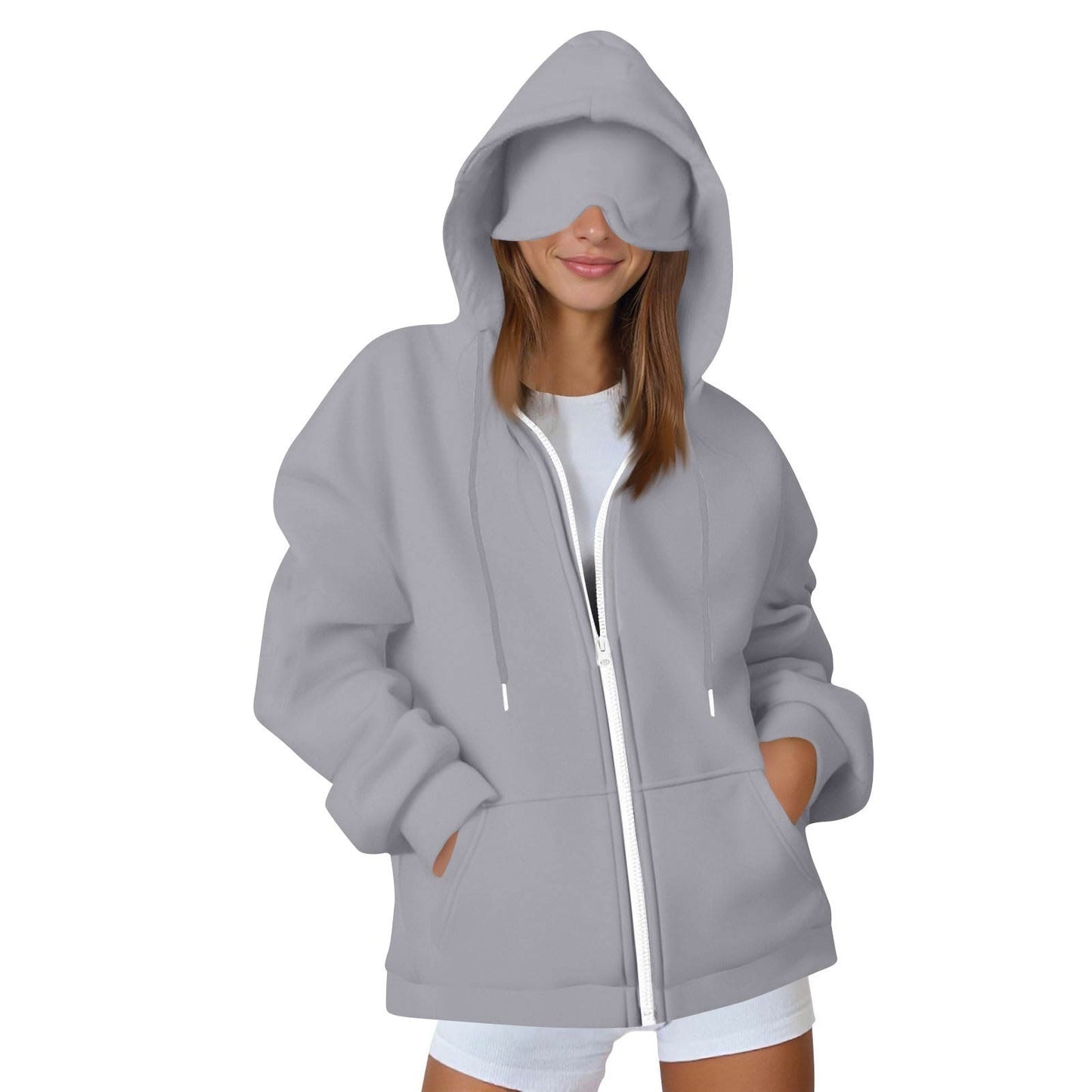 European And American Solid Color Women's Autumn And Winter Hooded Cardigan Zipper Sweater With Eye Mask