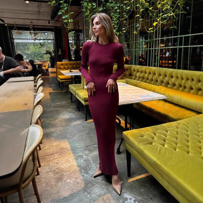 Autumn And Winter Women's Knitted Round Neck Sunken Stripe Pure Color Tight Dress