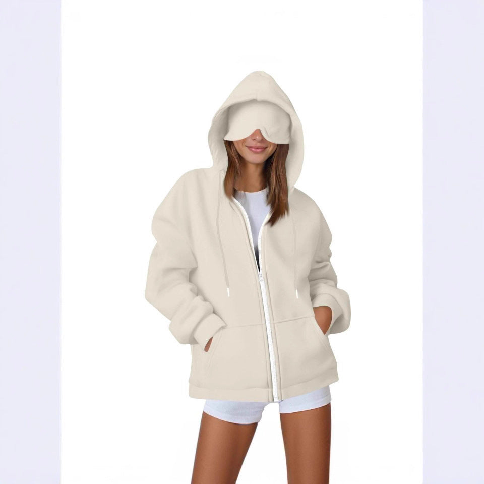 European And American Solid Color Women's Autumn And Winter Hooded Cardigan Zipper Sweater With Eye Mask