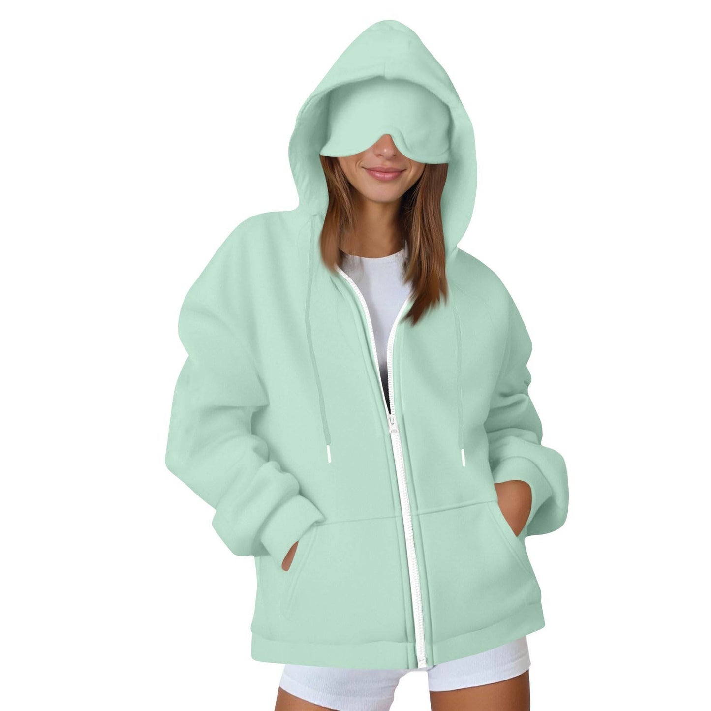 European And American Solid Color Women's Autumn And Winter Hooded Cardigan Zipper Sweater With Eye Mask