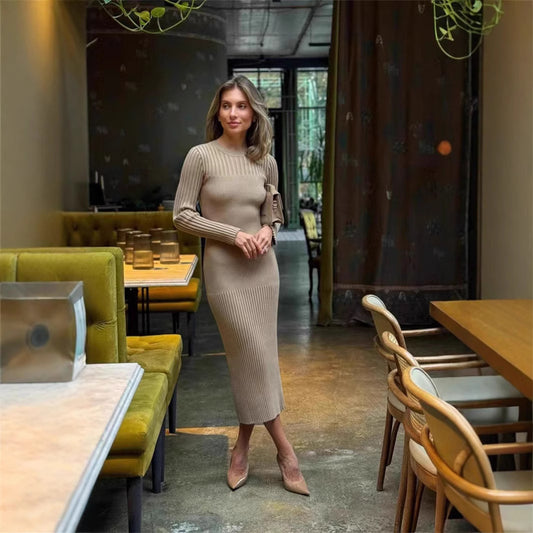 Autumn And Winter Women's Knitted Round Neck Sunken Stripe Pure Color Tight Dress