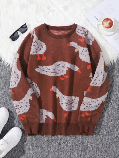Men's Loose Casual Round Neck Printed Knitted Sweater