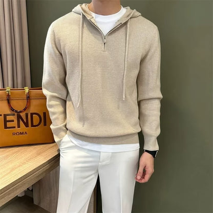 Solid Color Men's Half Zipper Hooded Sweater