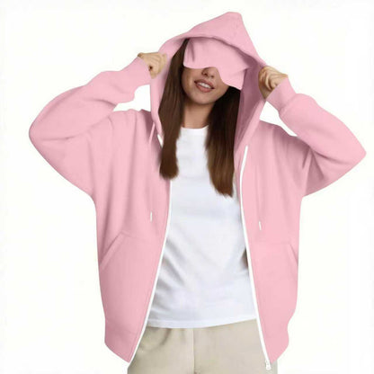 European And American Solid Color Women's Autumn And Winter Hooded Cardigan Zipper Sweater With Eye Mask