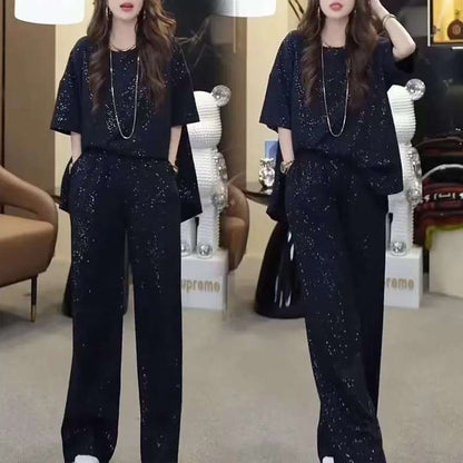 Women's Sequined Slimming Round Neck High Waist Wide Leg Pants Two-piece Set