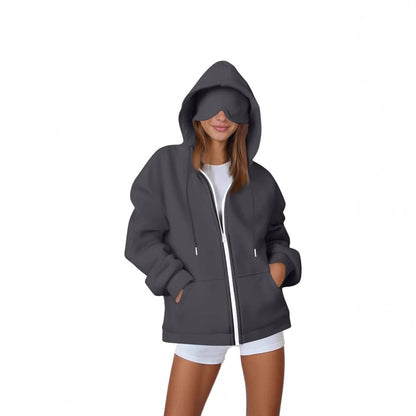 European And American Solid Color Women's Autumn And Winter Hooded Cardigan Zipper Sweater With Eye Mask