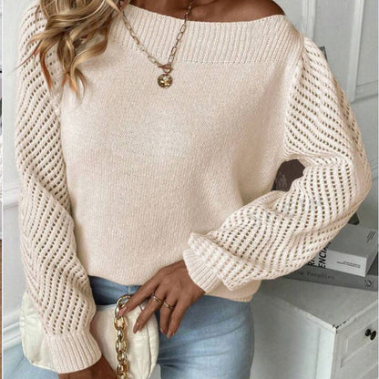 Hollow-out Long-sleeved Off-shoulder Pullover Sweater Top