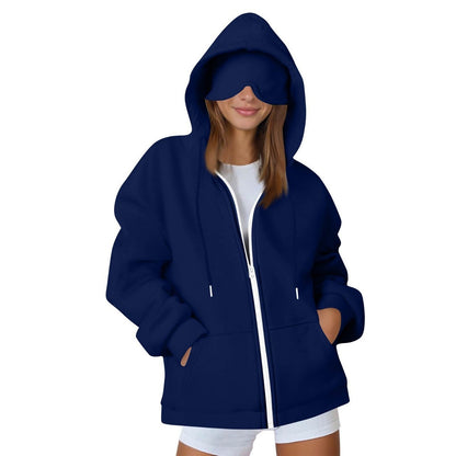 European And American Solid Color Women's Autumn And Winter Hooded Cardigan Zipper Sweater With Eye Mask