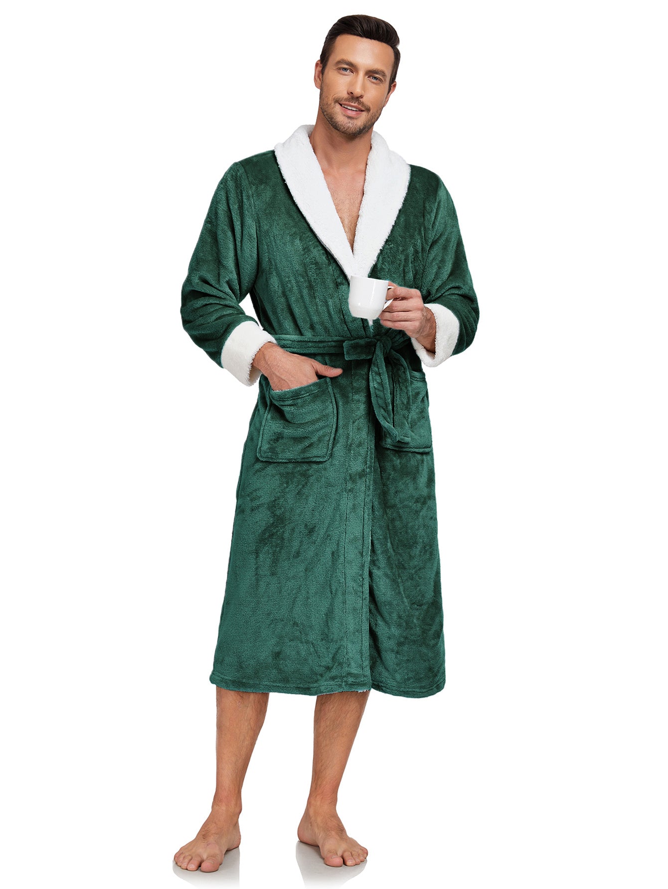 RONGTAI Men's Plush Long Bathrobe, Soft And Warm, Full Length, Shawl Collar, Fleece