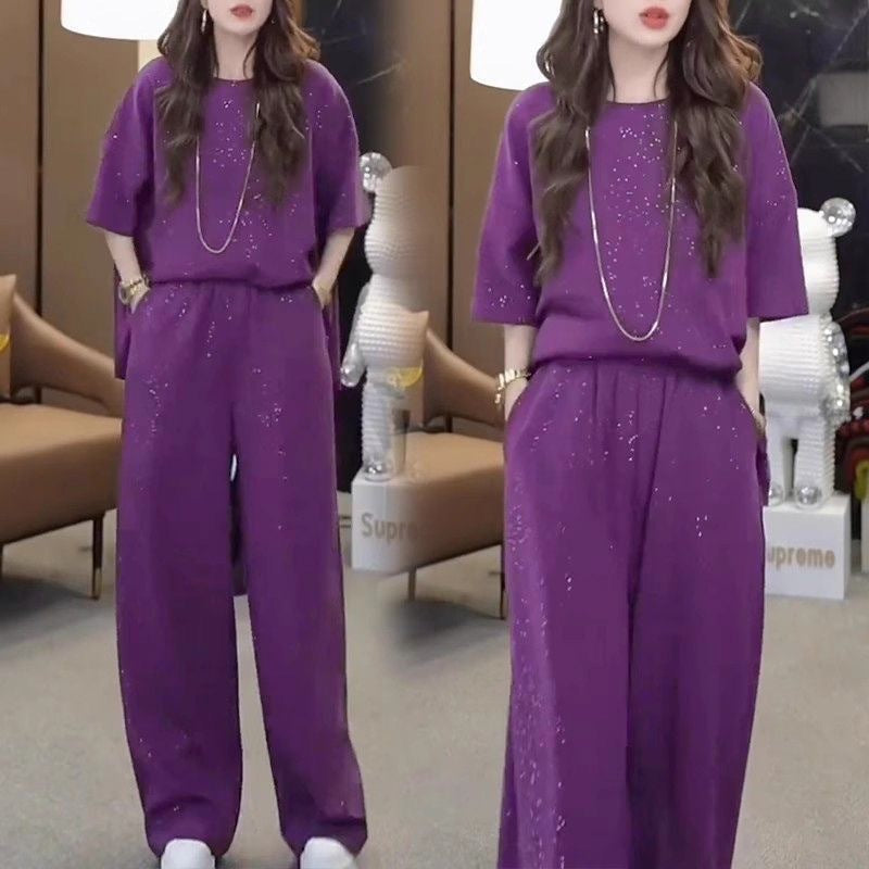 Women's Sequined Slimming Round Neck High Waist Wide Leg Pants Two-piece Set